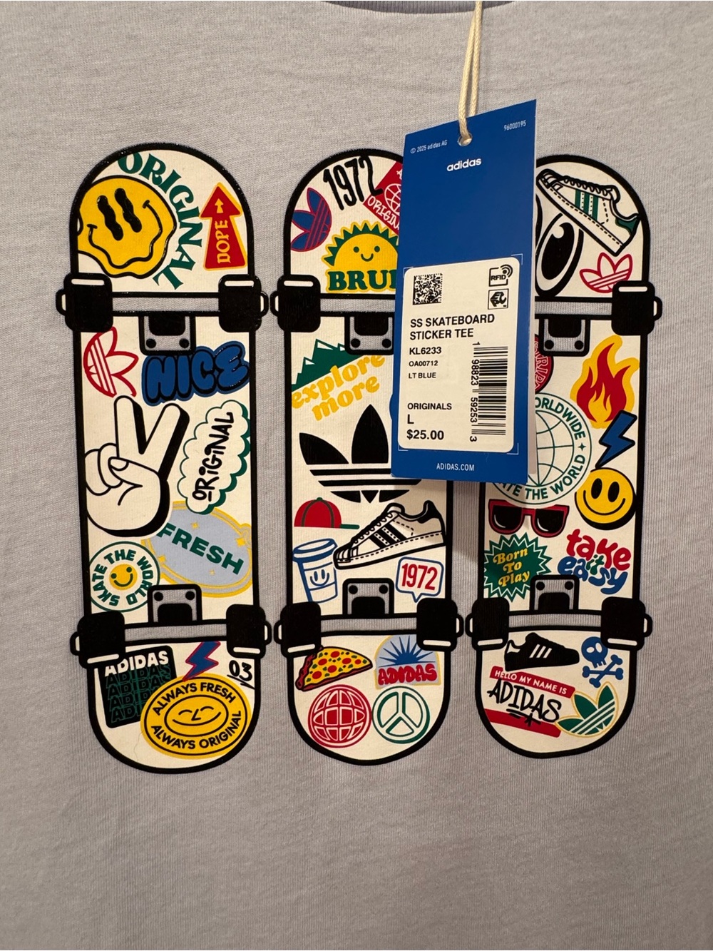 adidas Light Blue Short-Sleeve Tee with Skateboard Sticker Graphic - Boys Size L - Picture 2 of 4